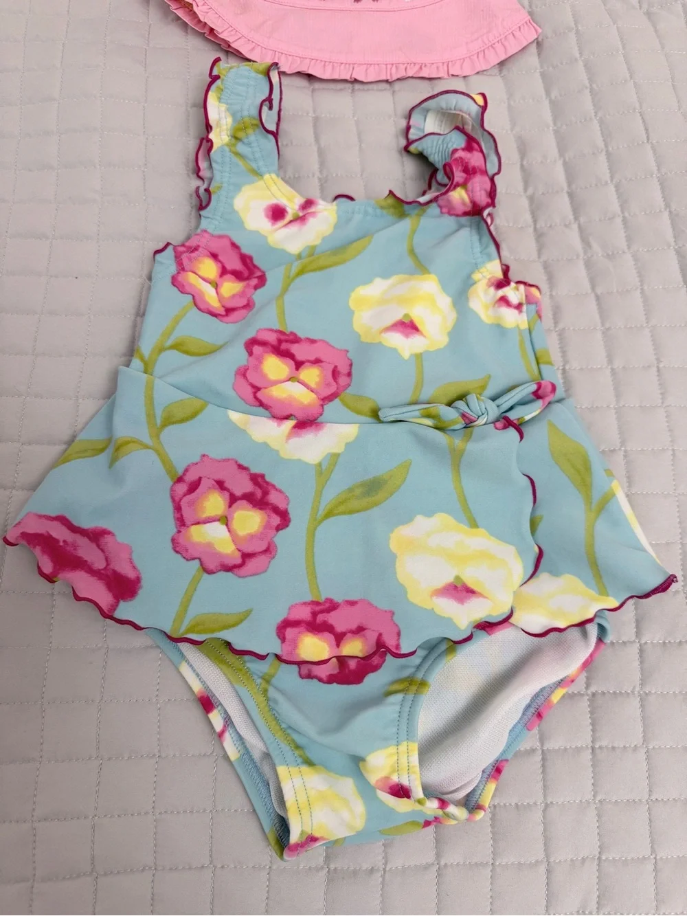 Janie and Jack Floral Ruffle One-Piece Swimsuit 12-18 mo. with Pink Sun Hat